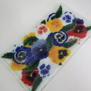 Peggy Karr Studio *Pansy* Rectangle Platter Fused Glass 13 1/2" x 8" Signed